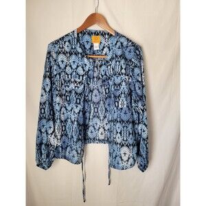 Ruby Rd. Women's L Large Blue Ikat Pattern Open Front Blouse Top Kimono Tie